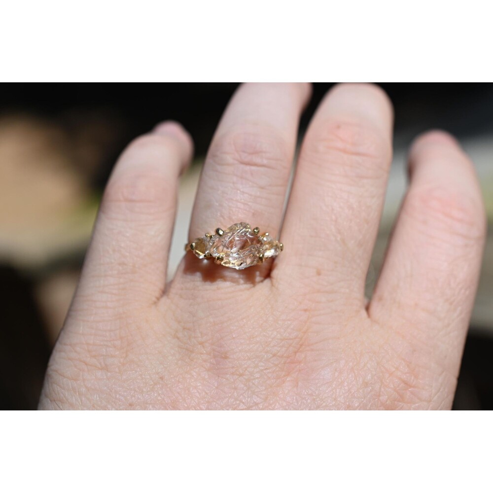 Engagement ring Size 8 Gold , 14k Solid Gold, Three Stone Wedding Ring Rough Dia
